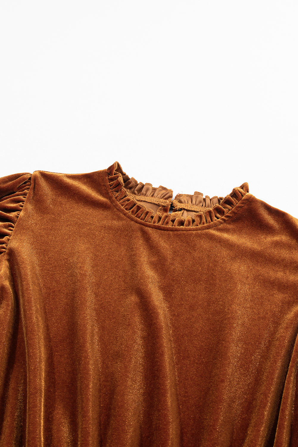 Chestnut Velvet Frilled Neck Gigot Sleeve Swing Dress - The Fair Lady Shop