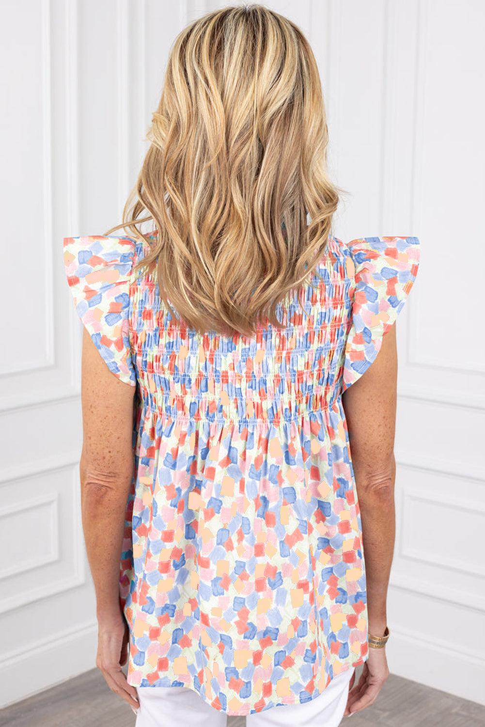 Pink Shirred Yoke Ruffle Abstract Blouse - The Fair Lady Shop