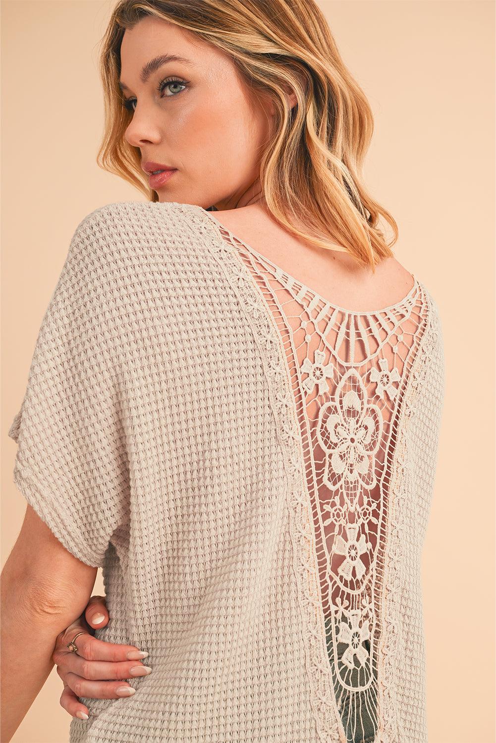 Oatmeal Guipure Lace Splicing Back Waffle Textured T-shirt - The Fair Lady Shop