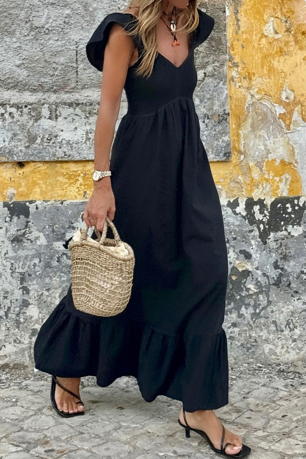 Black V Neck Flutter Sleeve Smocked Bodice High Waist Ruffle Maxi Dress - The Fair Lady Shop