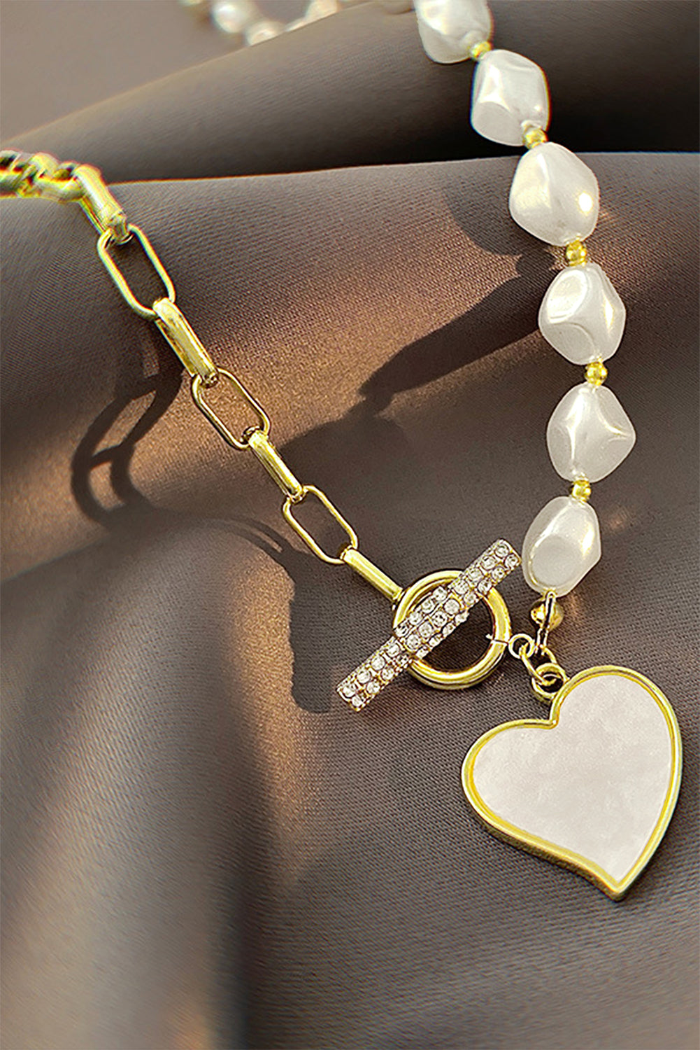 Gold Heart Shape Pendant Rhinestone Pearl Chain Necklace - The Fair Lady Shop