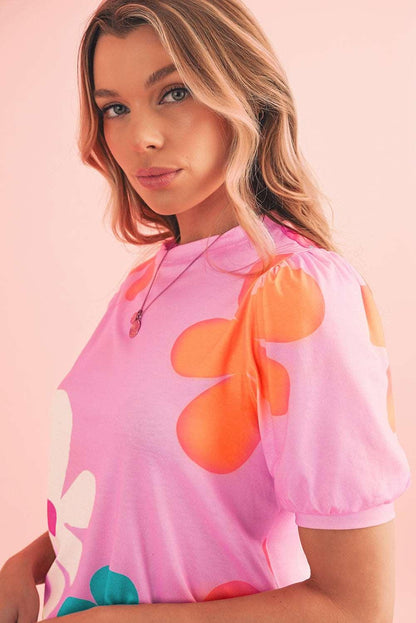 Apricot Colorful Flower Print Bubble Sleeve Tee - The Fair Lady Shop