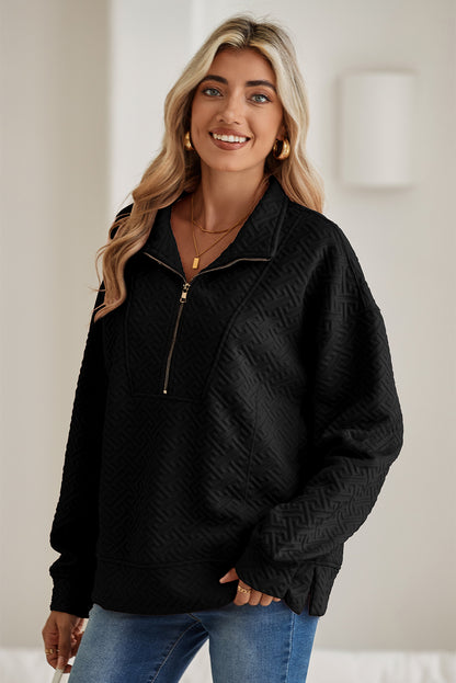 Black Solid Textured Half Zipper Collared Sweatshirt - The Fair Lady Shop