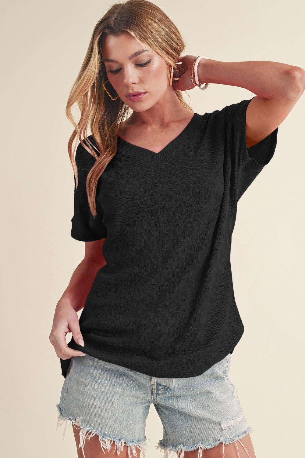 Blue Plain Crinkled V Neck Flounce Sleeve T Shirt - The Fair Lady Shop