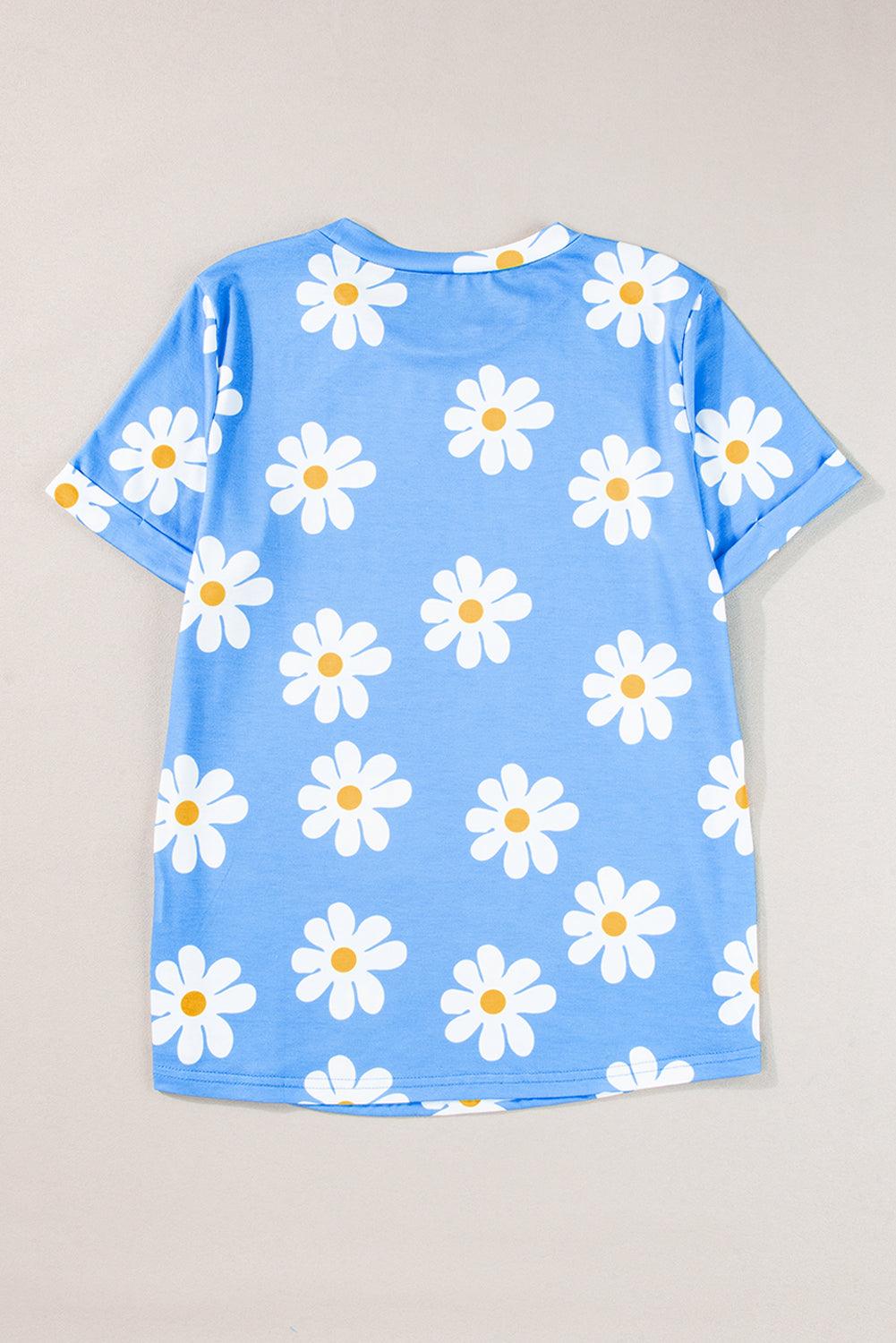 Sky Blue Daisy Print Crewneck T Shirt - The Fair Lady Shop