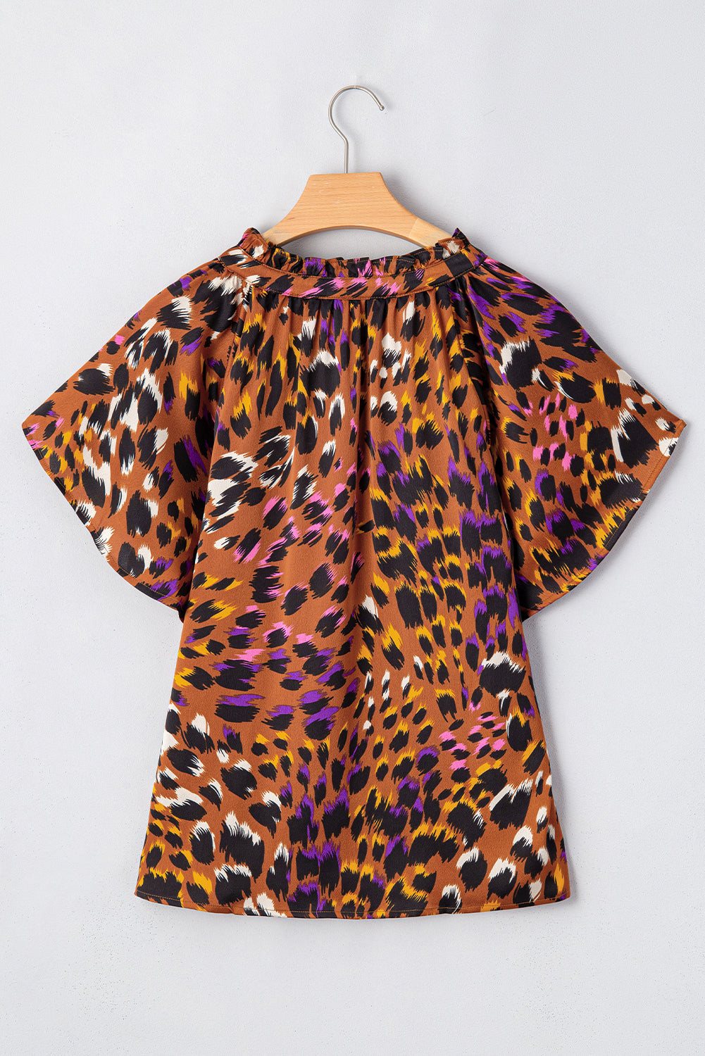 Orange Leopard Printed Short Sleeve Slit V Neck Blouse - The Fair Lady Shop