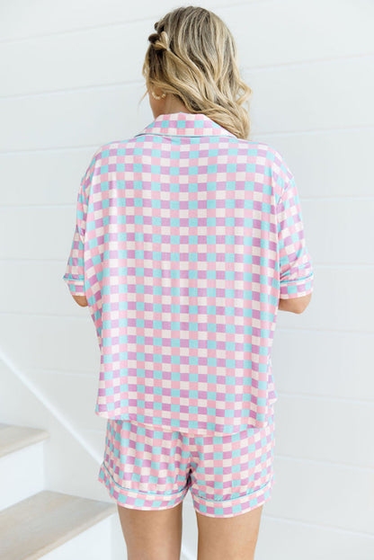 Purple Checkered Pattern Short Sleeve Pajamas Set - The Fair Lady Shop