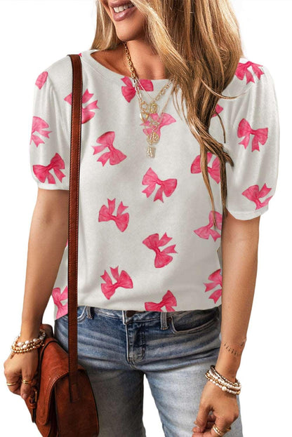 Apricot Colorful Flower Print Bubble Sleeve Tee - The Fair Lady Shop