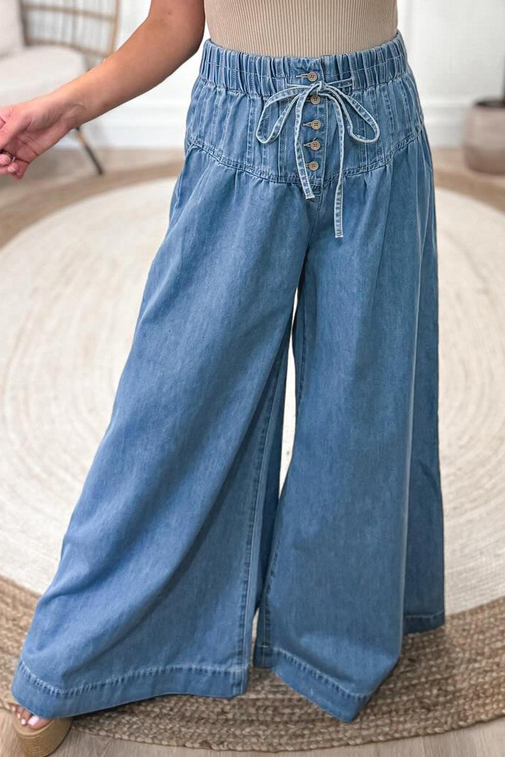Dusk Blue Mineral Wash Button High Waist Wide Leg Jeans - The Fair Lady Shop