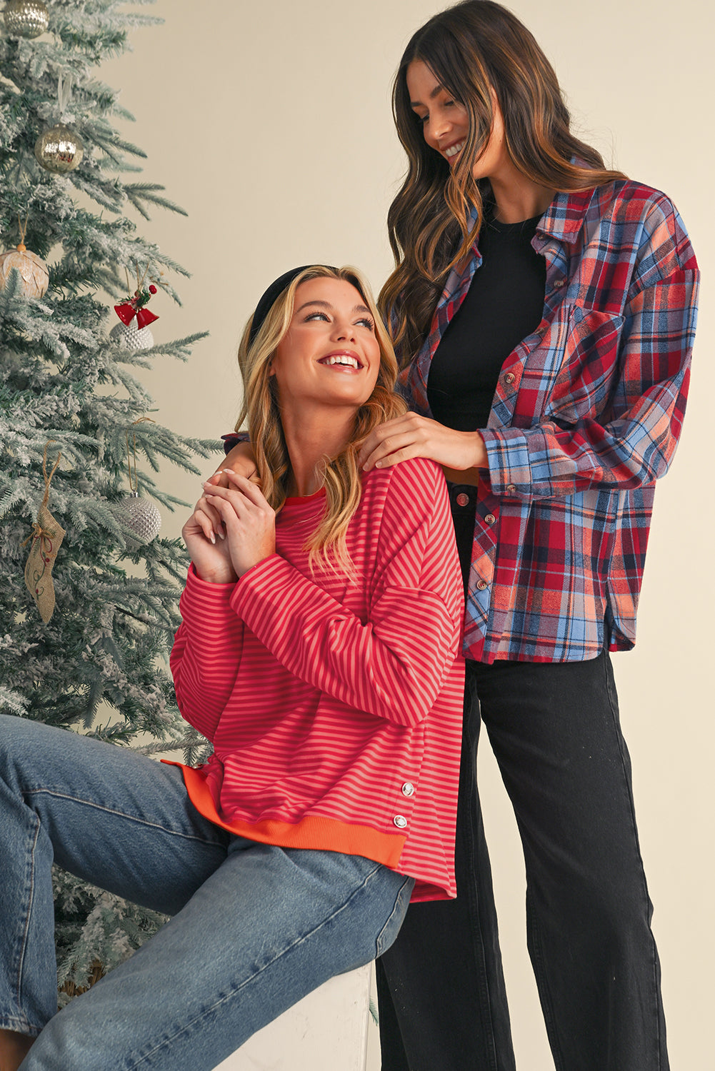 Red Plaid Print Drop Sleeve Loose Shirt - The Fair Lady Shop