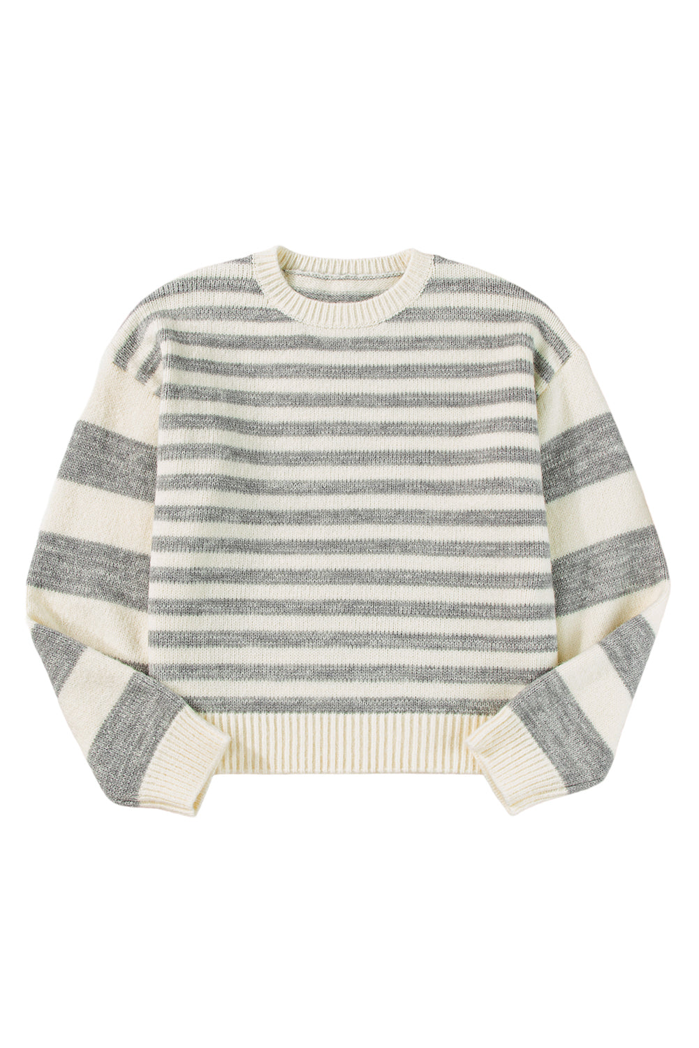 Gray Stripe Drop Shoulder Crew Neck Sweater - The Fair Lady Shop