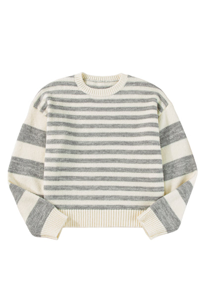 Gray Stripe Drop Shoulder Crew Neck Sweater - The Fair Lady Shop