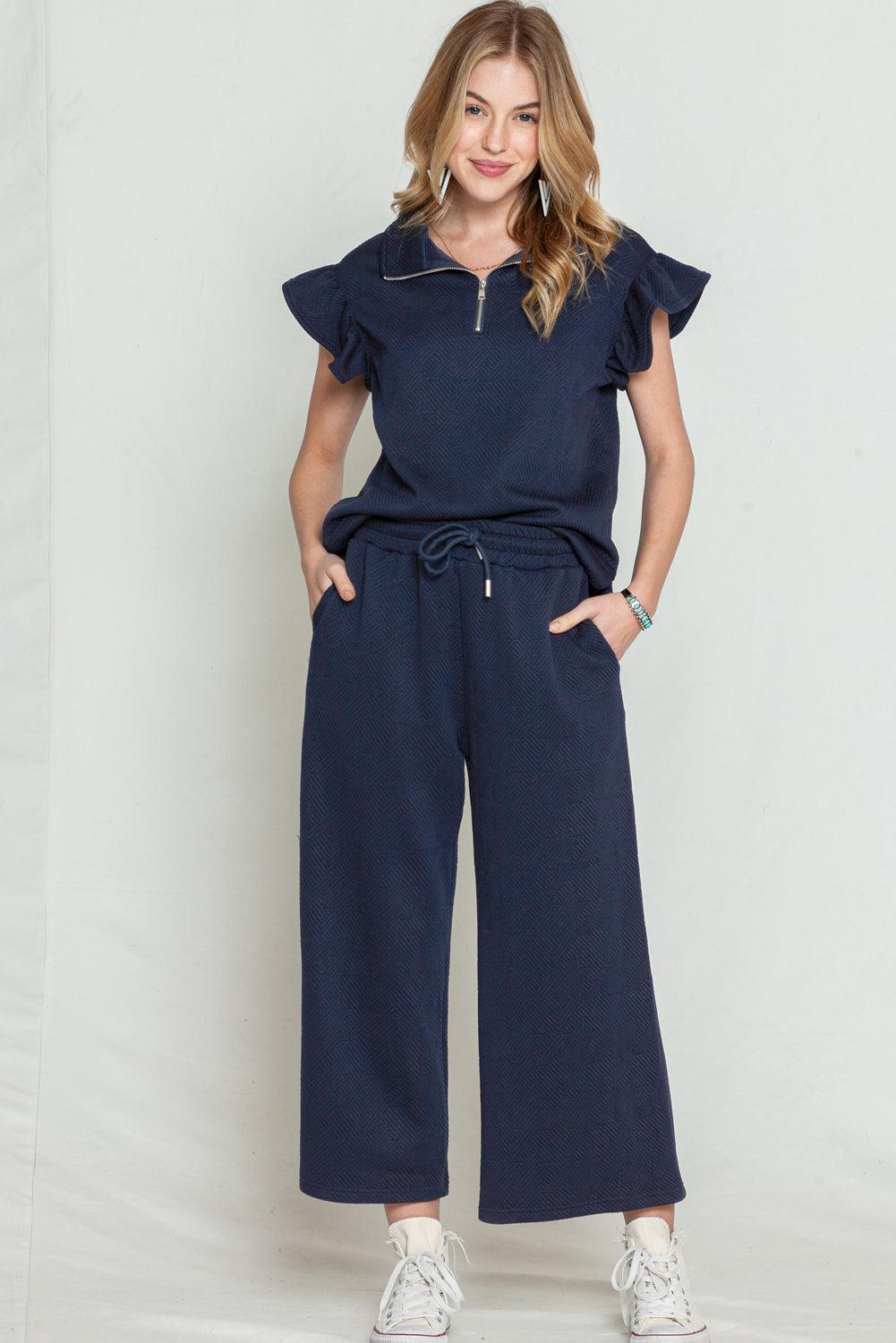 Black Textured Ruffle Cap Sleeve Top and Wide Leg Pants Set - The Fair Lady Shop