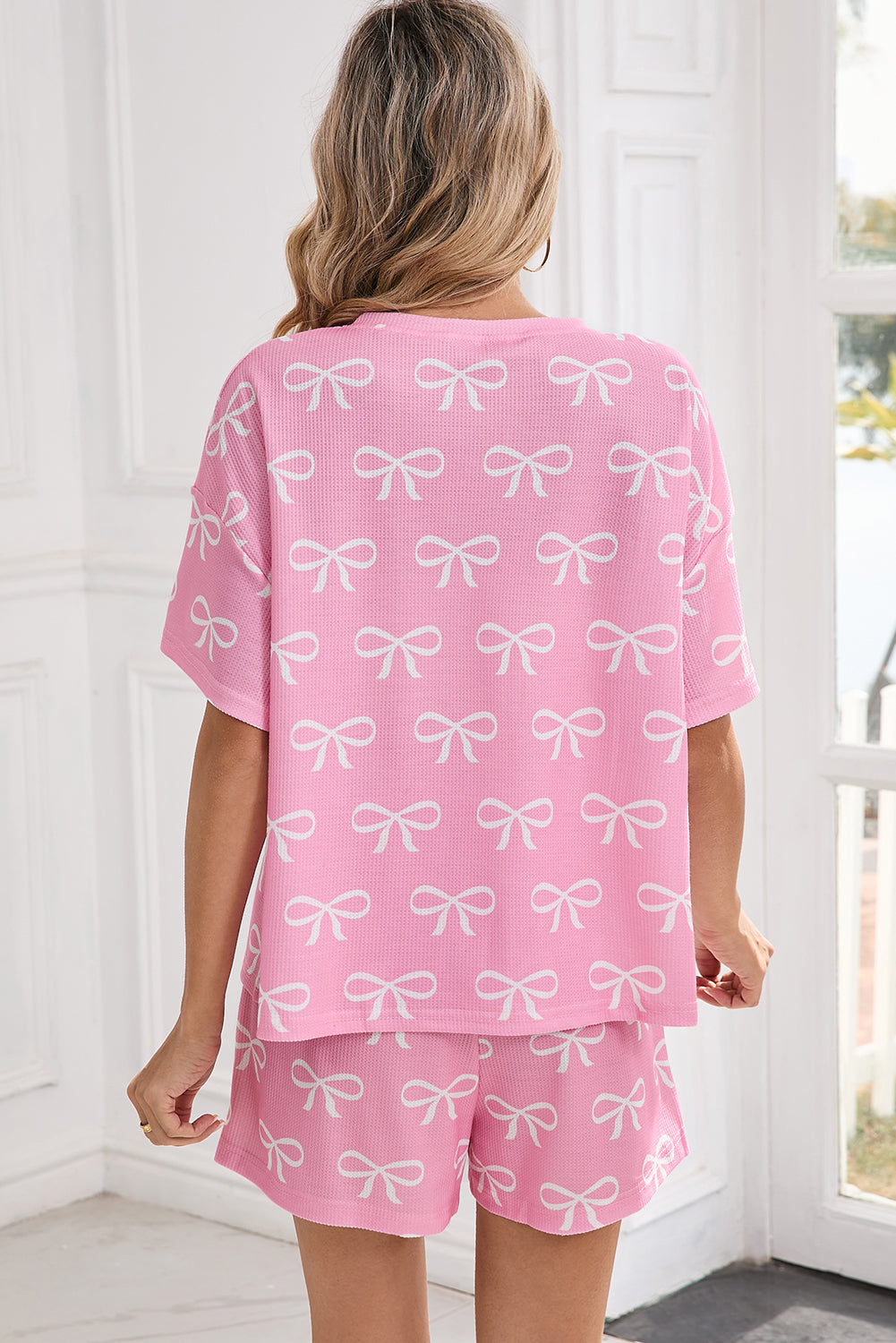 Pink Waffle Knit Bowknot Printed V Neck T Shirt And Shorts Set - The Fair Lady Shop
