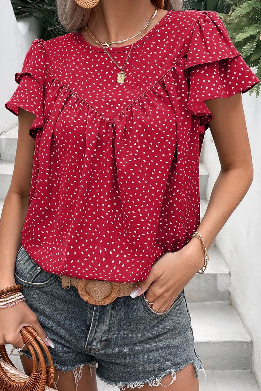 Fiery Red Spotted Print Pleated Ruffle Sleeve Blouse - The Fair Lady Shop