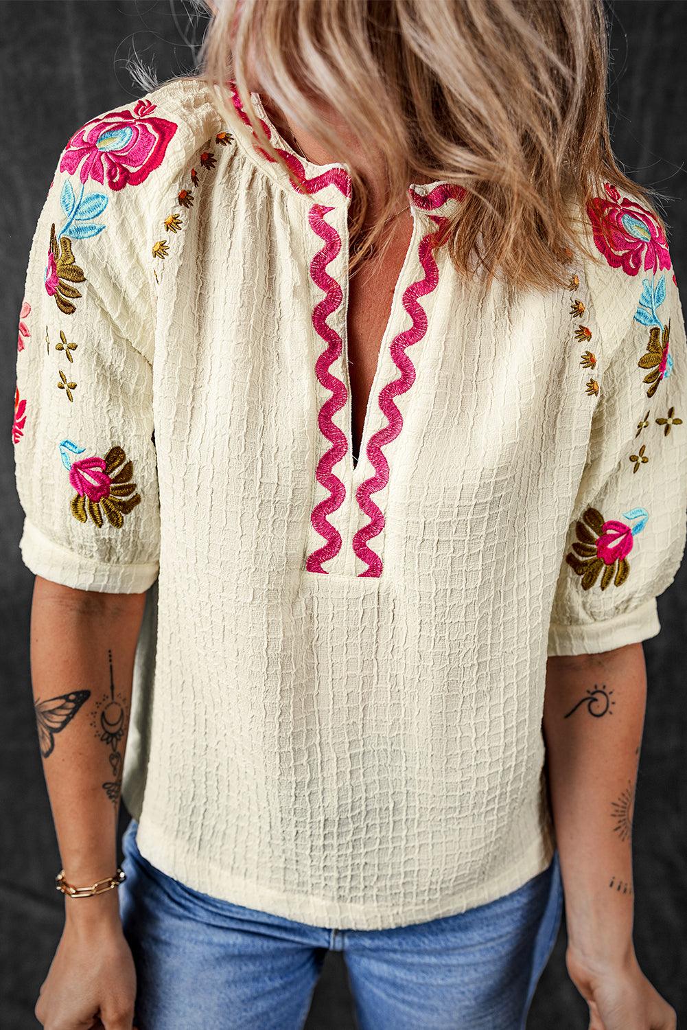 White Floral Embroidered Ricrac Puff Sleeve Textured Blouse - The Fair Lady Shop