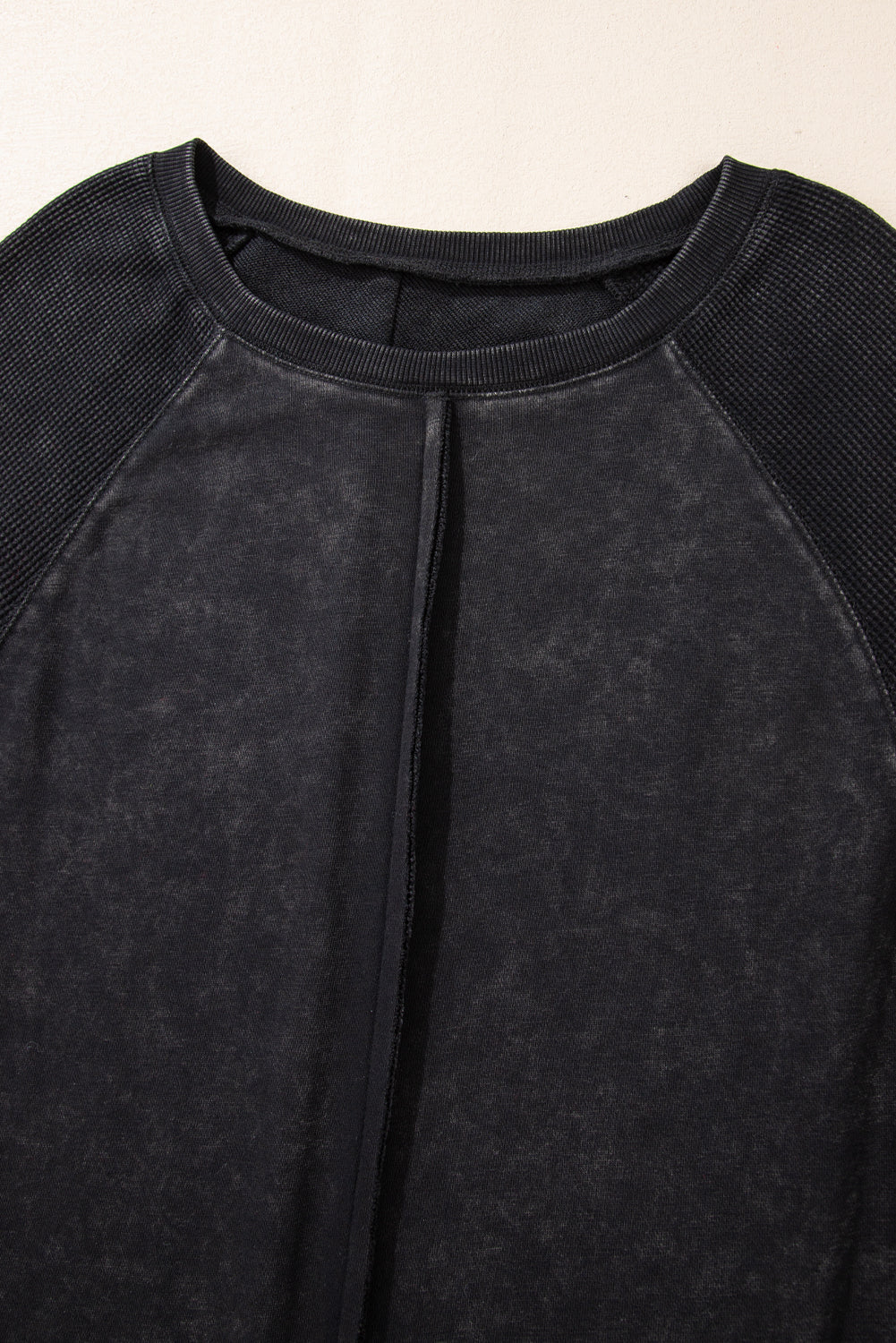 Black Solid Waffle Knit Patchwork Raglan Sleeve Sweatshirt - The Fair Lady Shop
