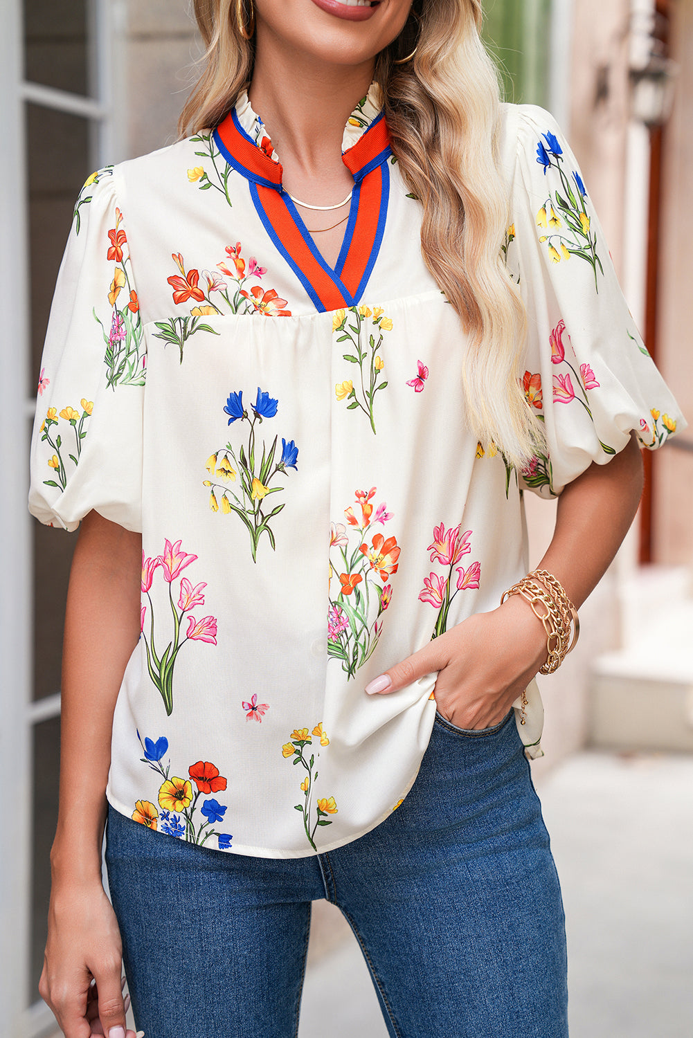 White Boho Floral Puff Sleeve Pop of Color Neckline Blouse - The Fair Lady Shop
