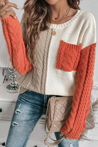 Rose Tan Colorblock Pocket Drop Shoulder Sweater - The Fair Lady Shop