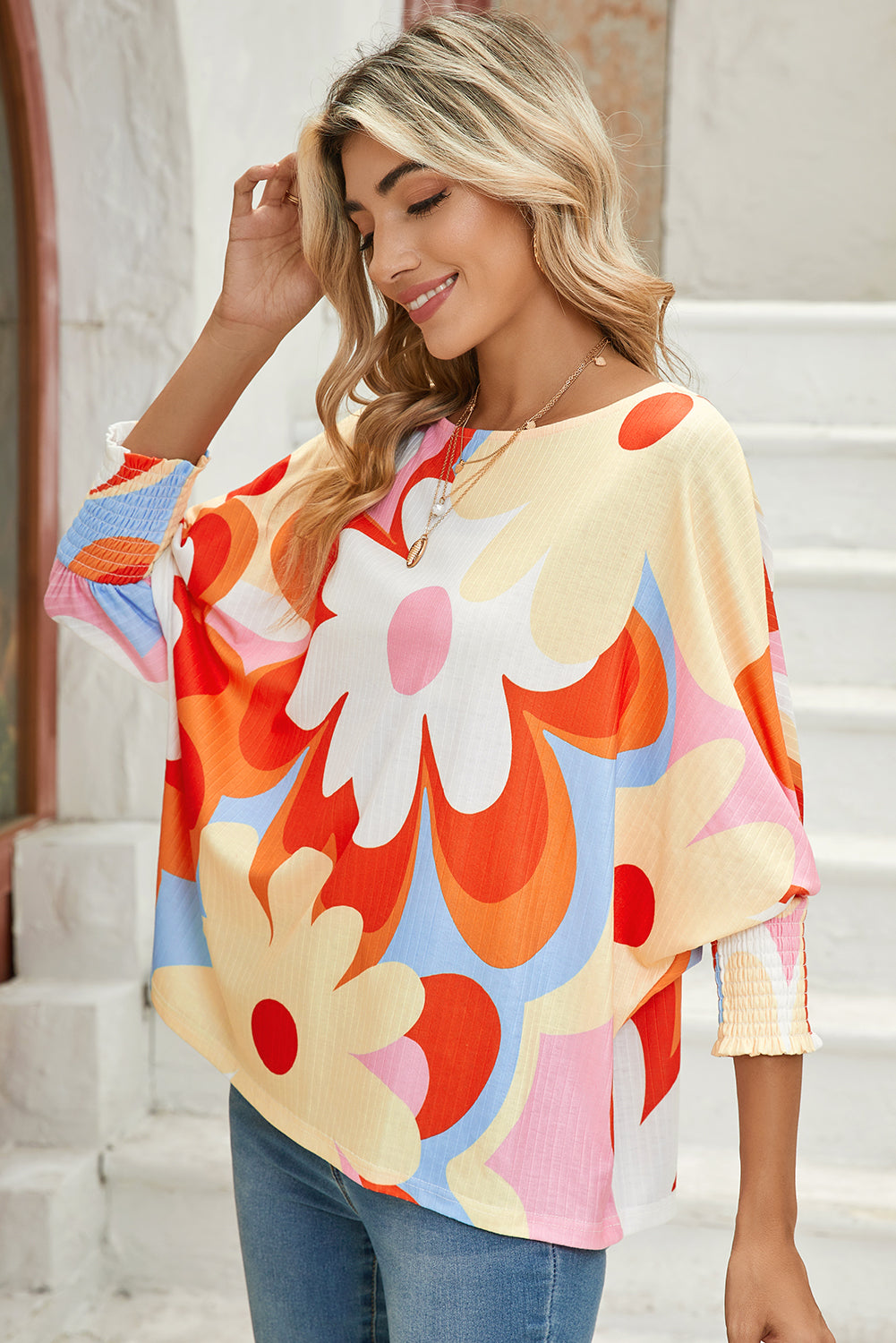 Yellow Colorful Floral Print Ribbed Dolman Blouse - The Fair Lady Shop