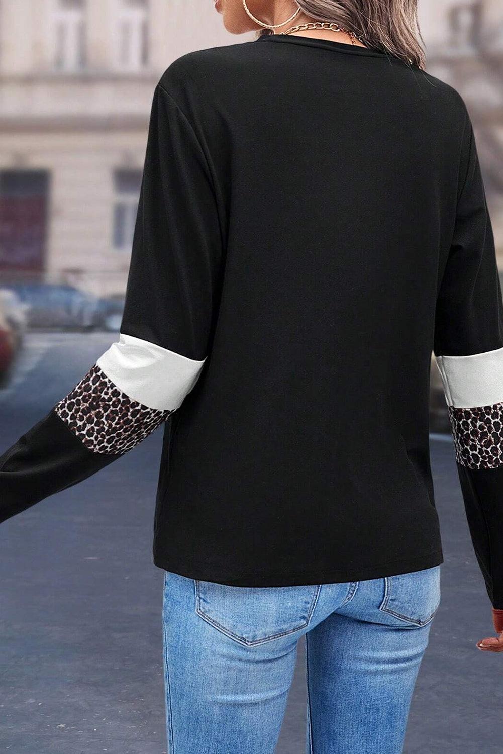 White Leopard Colorblock Patchwork Crew Neck Top - The Fair Lady Shop