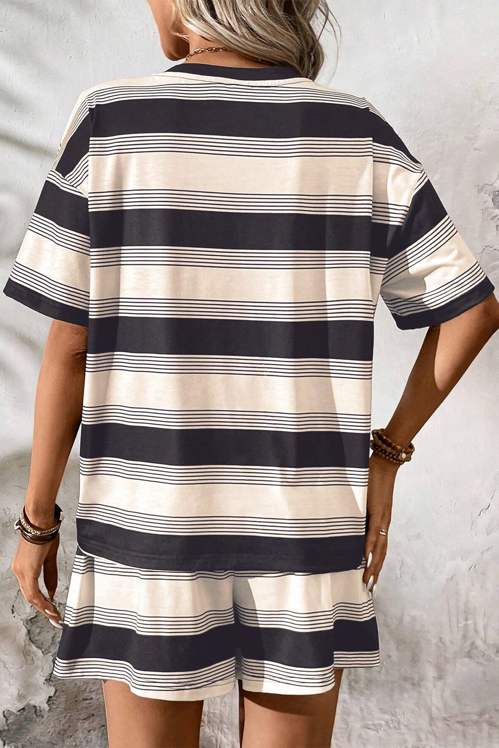 Black Stripe Short Sleeve T-Shirt and High Waist Pocket Shorts Set - The Fair Lady Shop