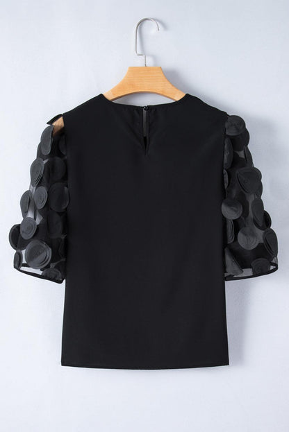 Black Applique Mesh Keyhole Back Splicing Sleeve Blouse - The Fair Lady Shop