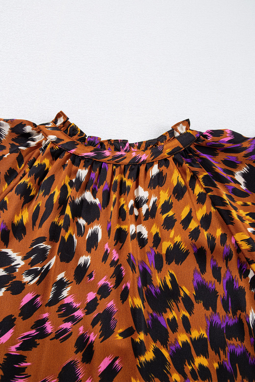 Orange Leopard Printed Short Sleeve Slit V Neck Blouse - The Fair Lady Shop