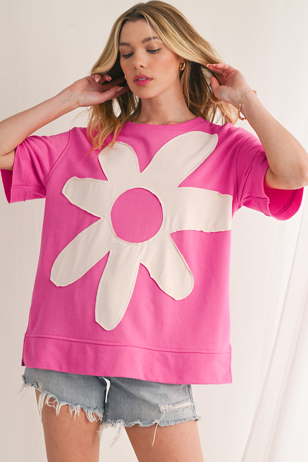 Sachet Pink 60s Flower Applique Slits T-Shirt - The Fair Lady Shop