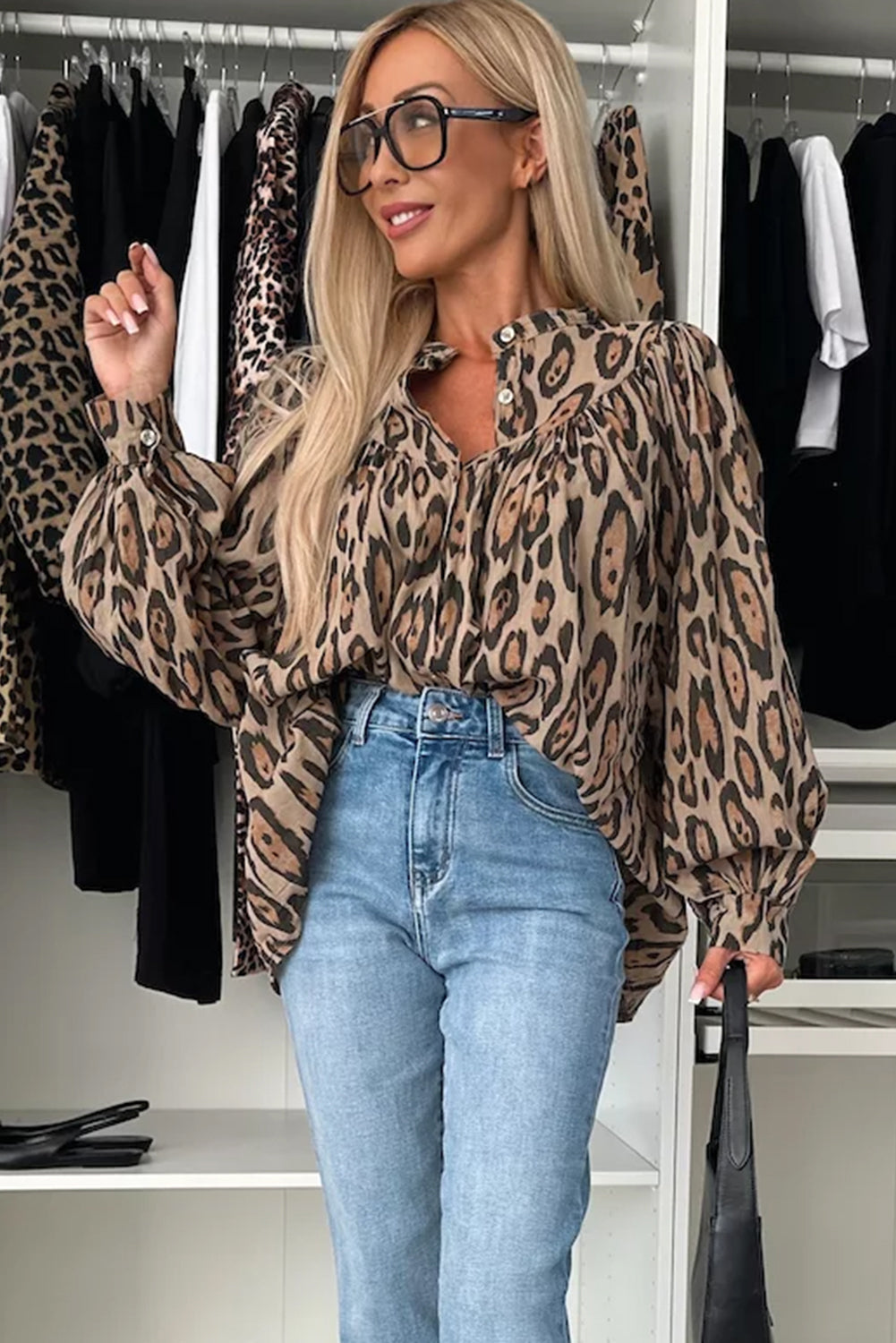 Light French Beige Leopard Print Balloon Sleeve Loose Blouse - The Fair Lady Shop