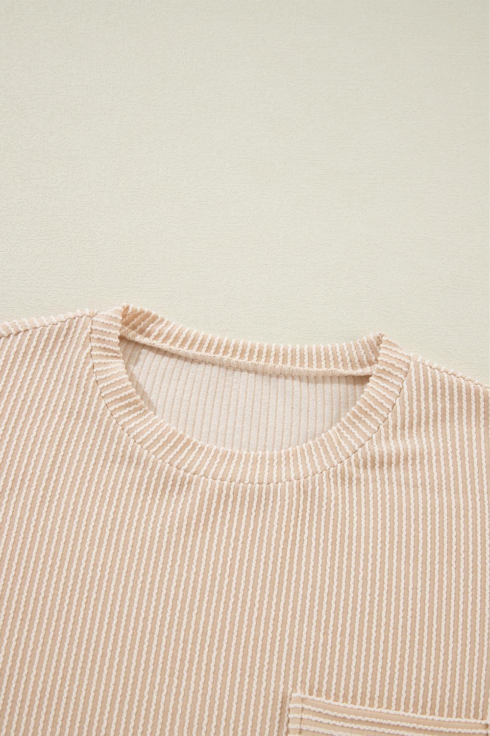 Beige Ribbed Knit Pocketed Loose Fit Crew Neck T Shirt - The Fair Lady Shop