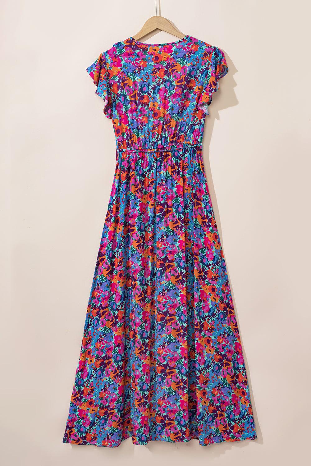 Blue Boho Floral Print V Neck Wrap Split Maxi Dress - The Fair Lady Shop