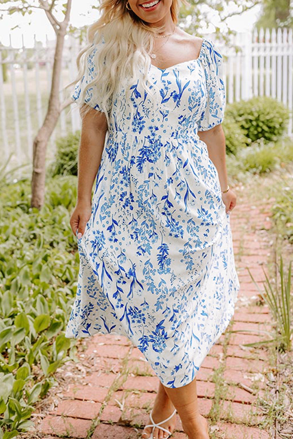 Sky Blue Floral Print Sweetheart Neck Plus Size Midi Dress - The Fair Lady Shop