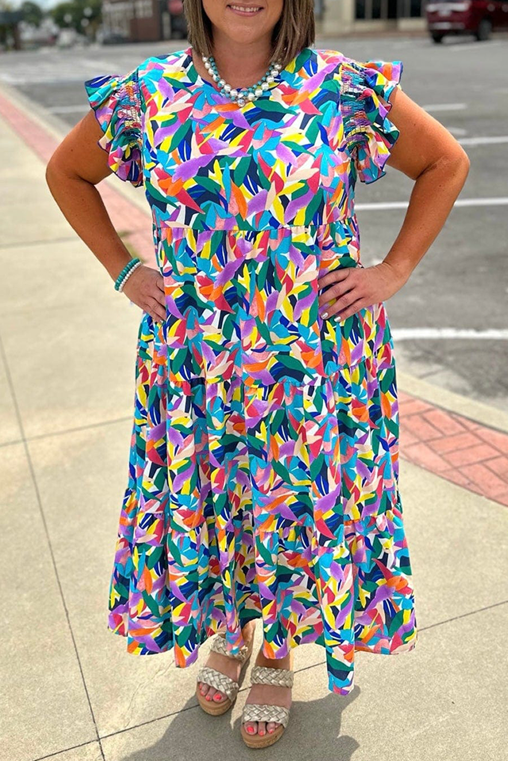 Blue Abstract Print Ruffle Sleeve Plus Size Tiered Maxi Dress - The Fair Lady Shop