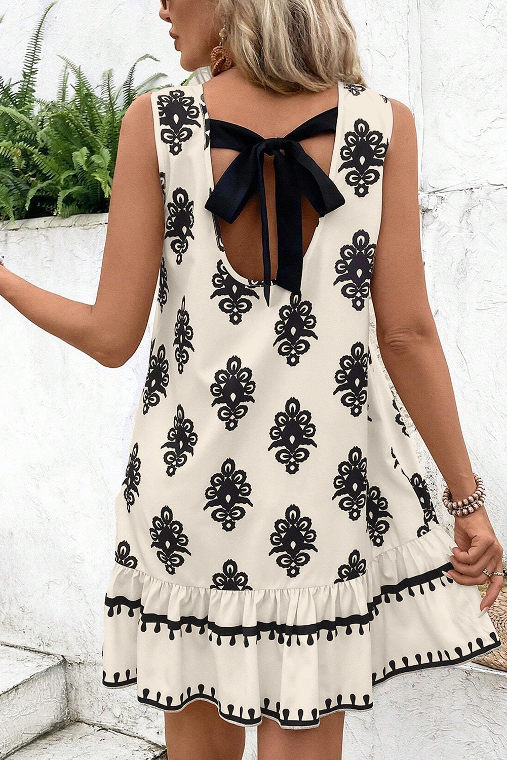 Beige Geometric Printed Sleeveless Hollowed Bowknot Back Mini Dress - The Fair Lady Shop