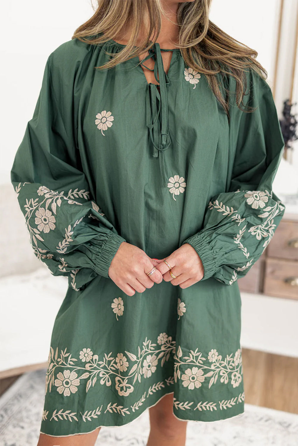 Mist Green Boho Floral V Neck Mini Dress - The Fair Lady Shop