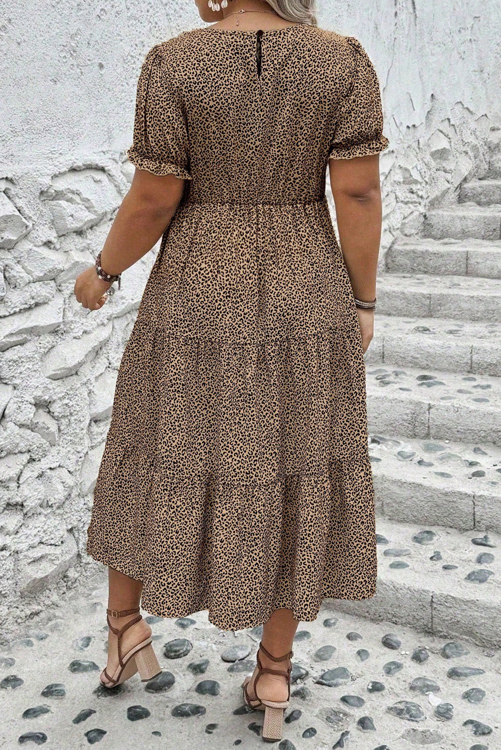 Brown Plus Size Leopard Print Frill Trim Short Sleeve Flared Dress - The Fair Lady Shop