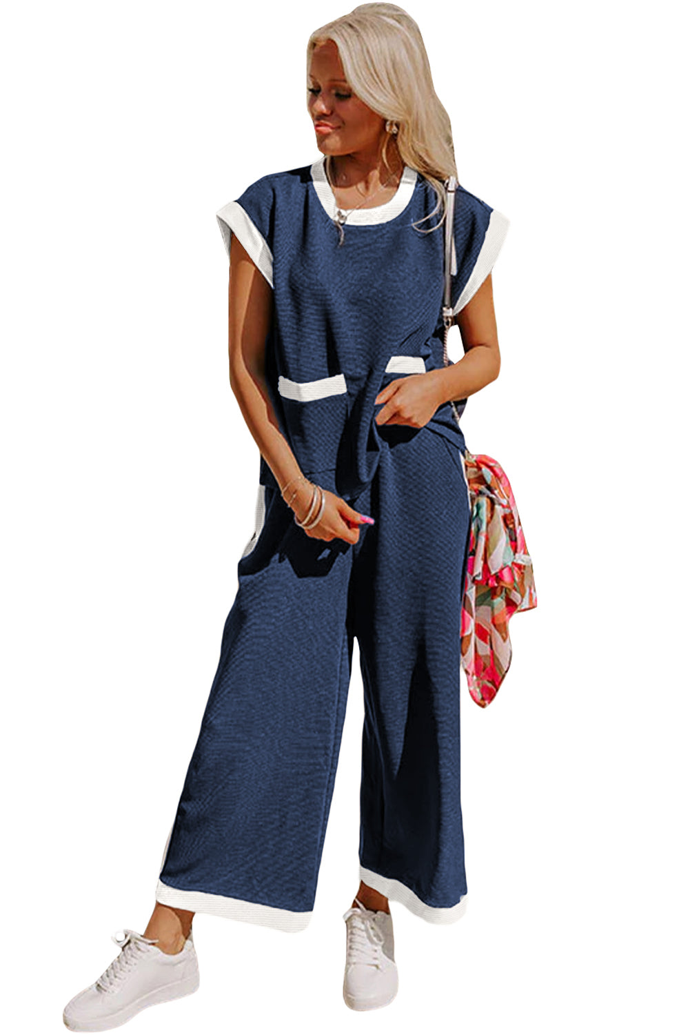 Navy Blue Contrast Trim Pocket T Shirt and Wide Leg Pants Set - The Fair Lady Shop