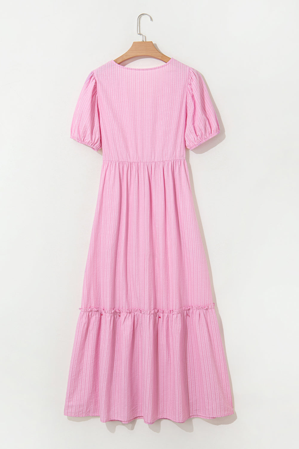 Pink Striped V Neck Puff Sleeve Frill Tiered Maxi Dress - The Fair Lady Shop