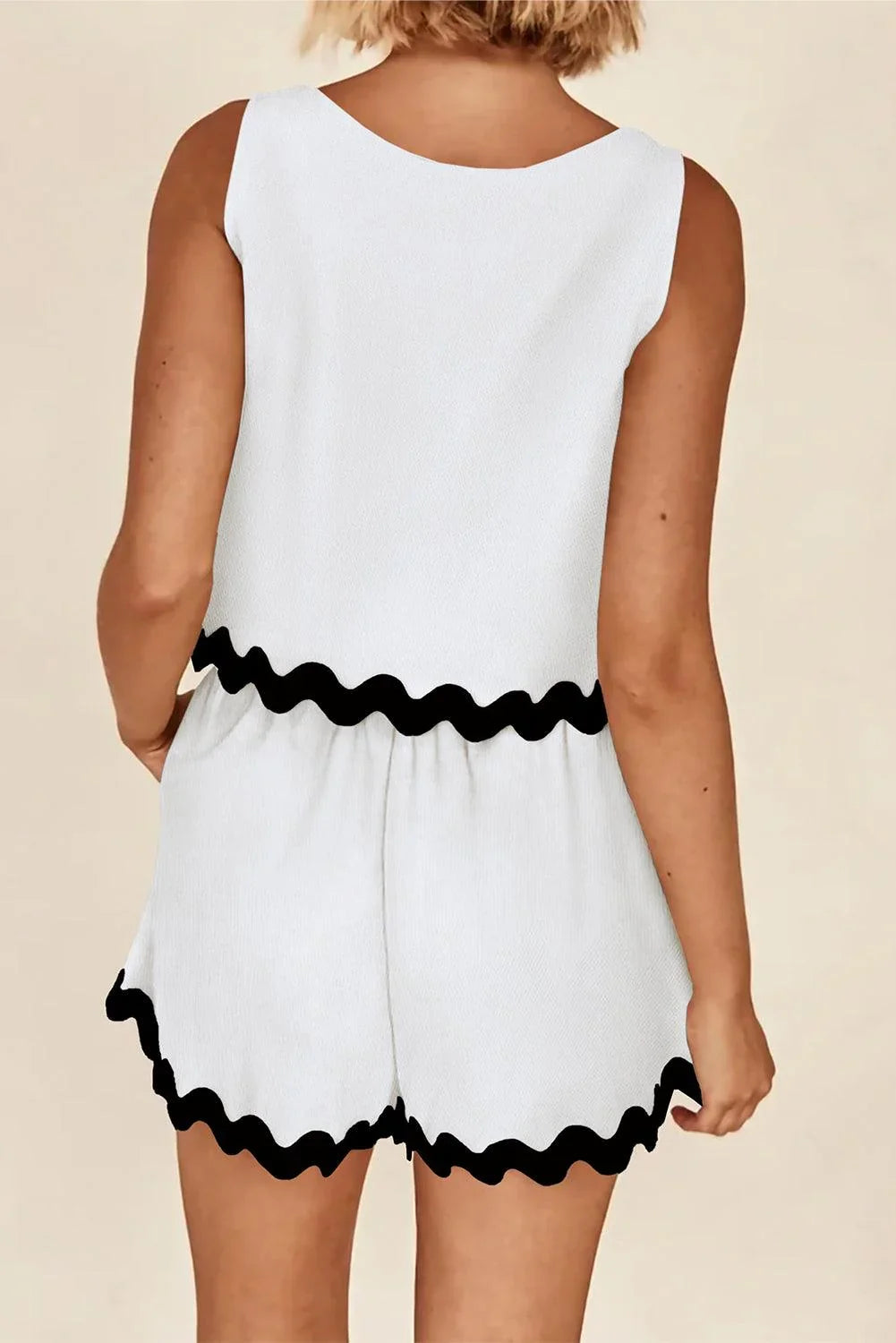 White Ricrac Applique Sleeveless Top and Pocketed Shorts Set - The Fair Lady Shop