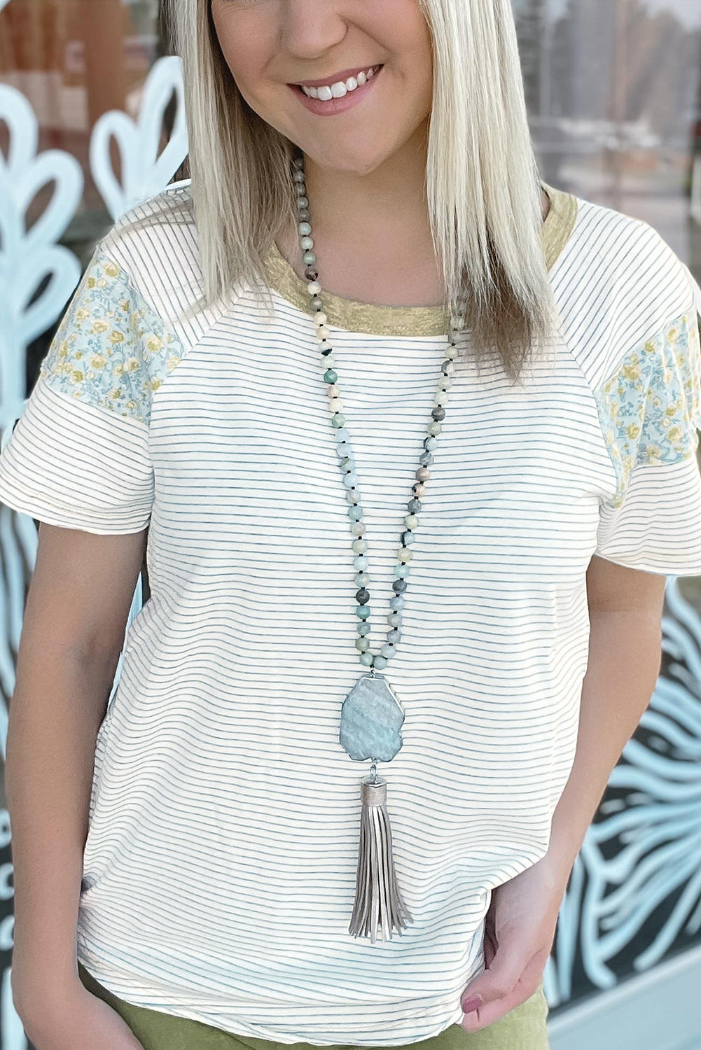 White Striped Floral Patchwork Sleeves Contrast Round Neck T Shirt - The Fair Lady Shop