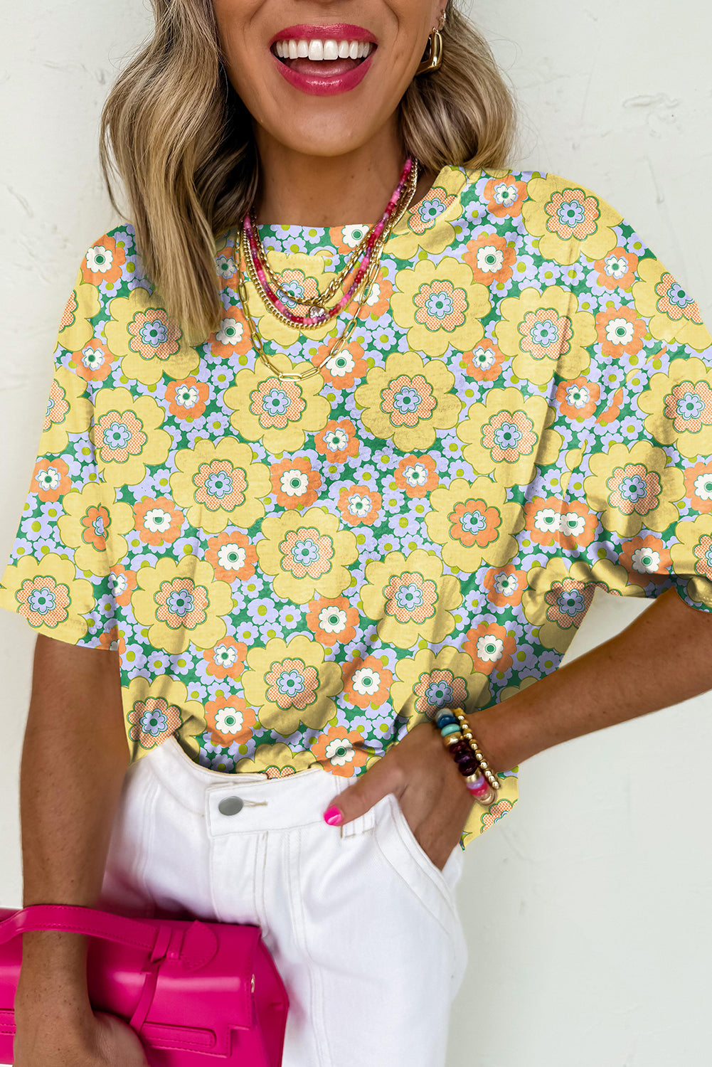 Yellow Summer Flower Print Drop Shoulder Loose T Shirt - The Fair Lady Shop