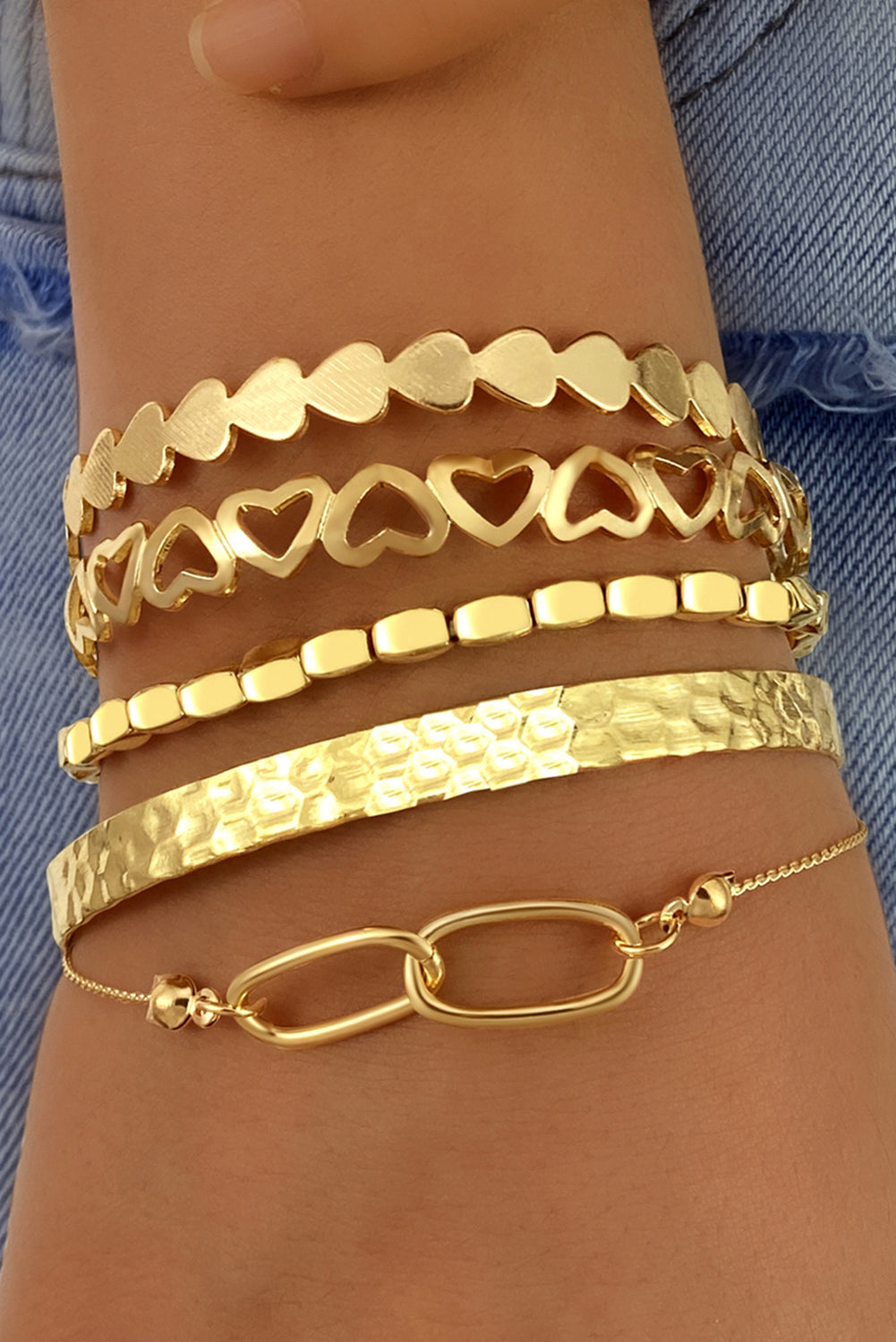 Gold Heart Plated Multi Layer Open Cuff Bracelet Set - The Fair Lady Shop