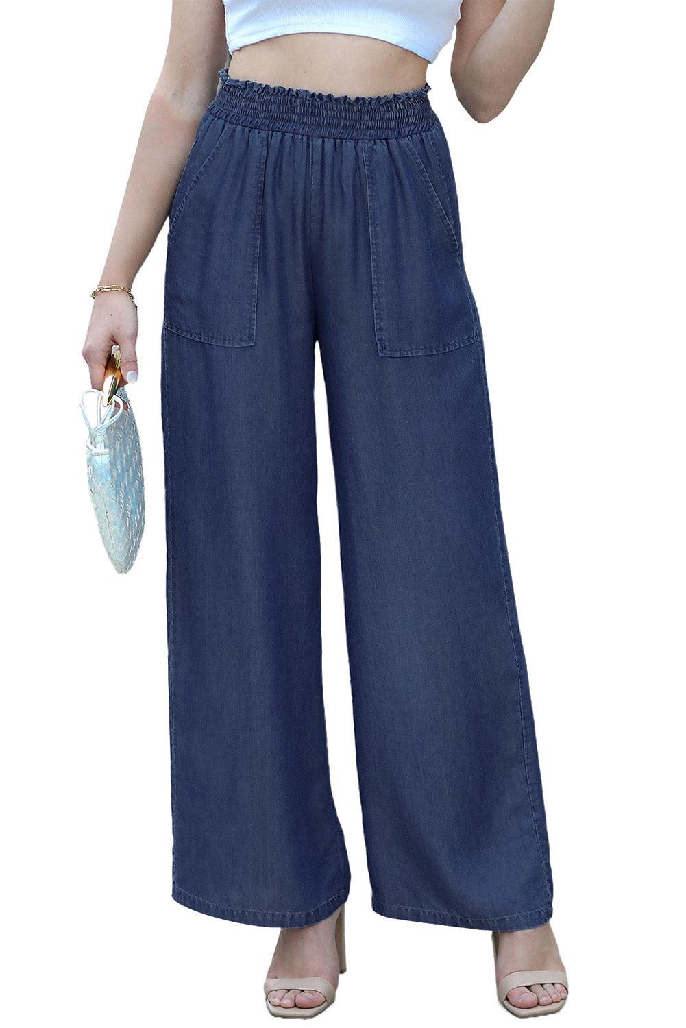 Black Side Pockets Frilled Smocked High Waist Wide Leg Jeans - The Fair Lady Shop