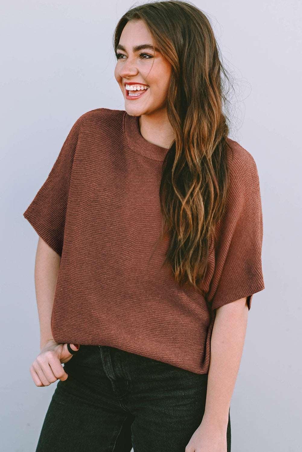 Apricot Mock Neck Short Batwing Sleeve Sweater - The Fair Lady Shop