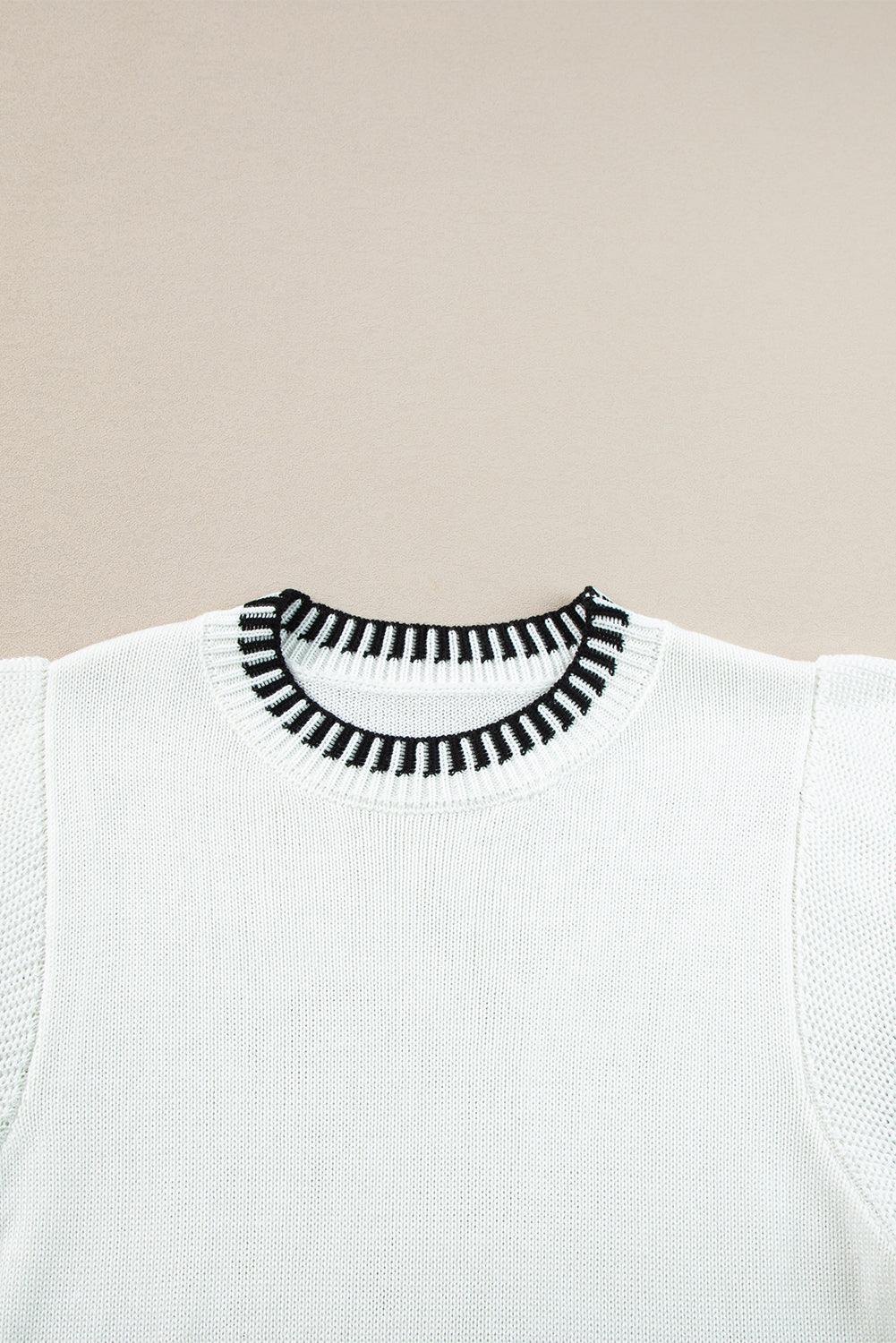 Beige Contrast Trim Round Neck Batwing Sleeve Knitted T Shirt - The Fair Lady Shop
