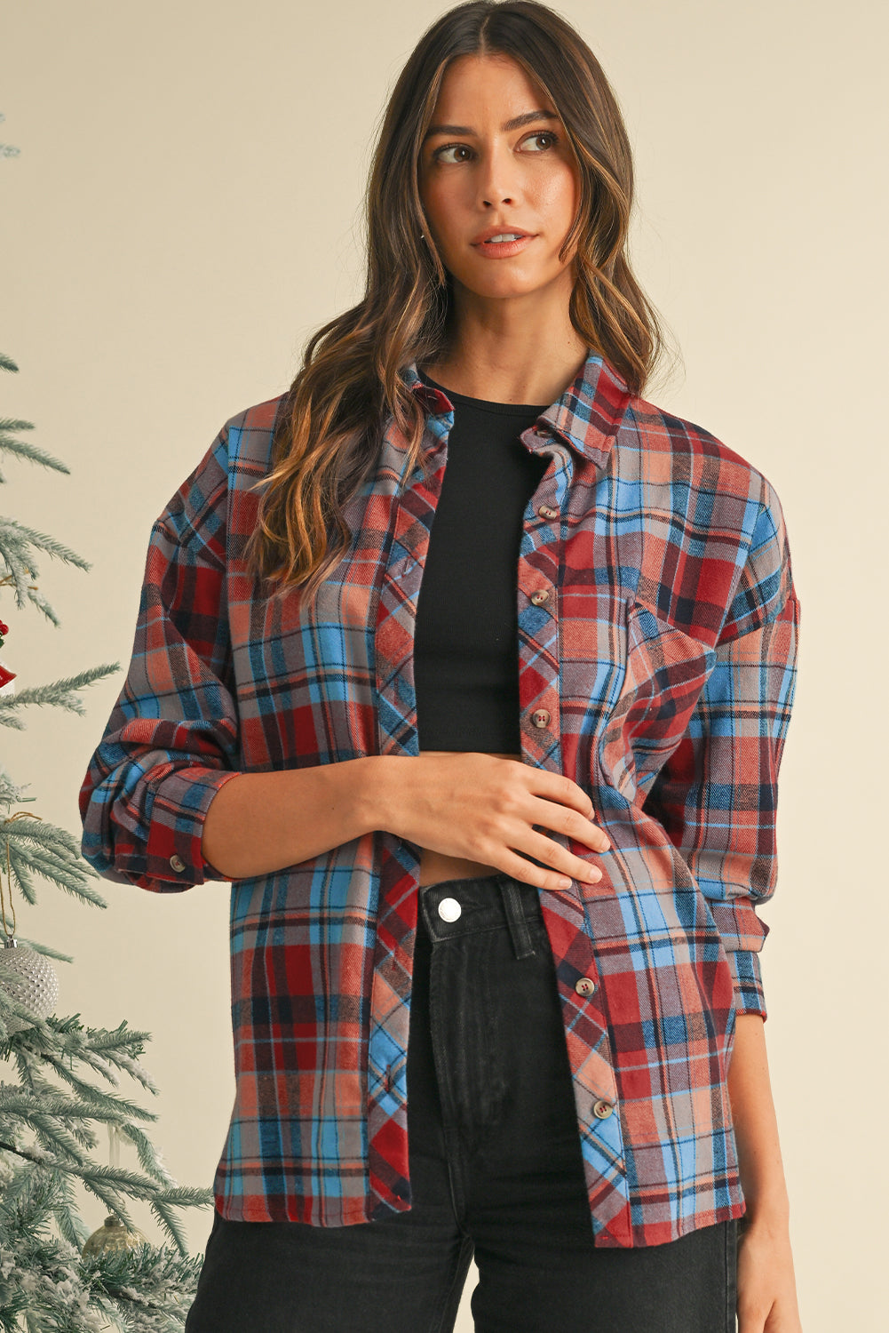Red Plaid Print Drop Sleeve Loose Shirt - The Fair Lady Shop