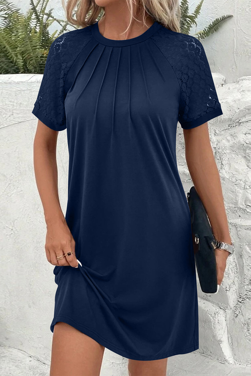 Navy Blue Contrast Lace Raglan Sleeve Pleated Mini Dress - The Fair Lady Shop