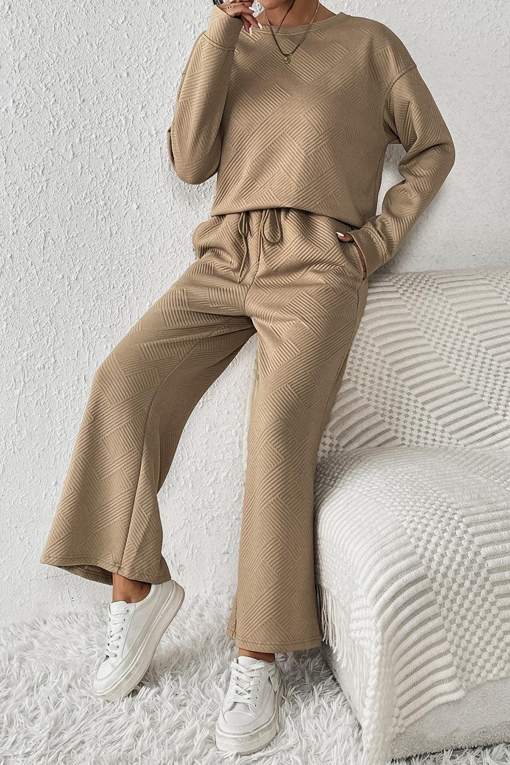 Dark Brown Textured Loose Slouchy Long Sleeve Top and Pants Set - The Fair Lady Shop