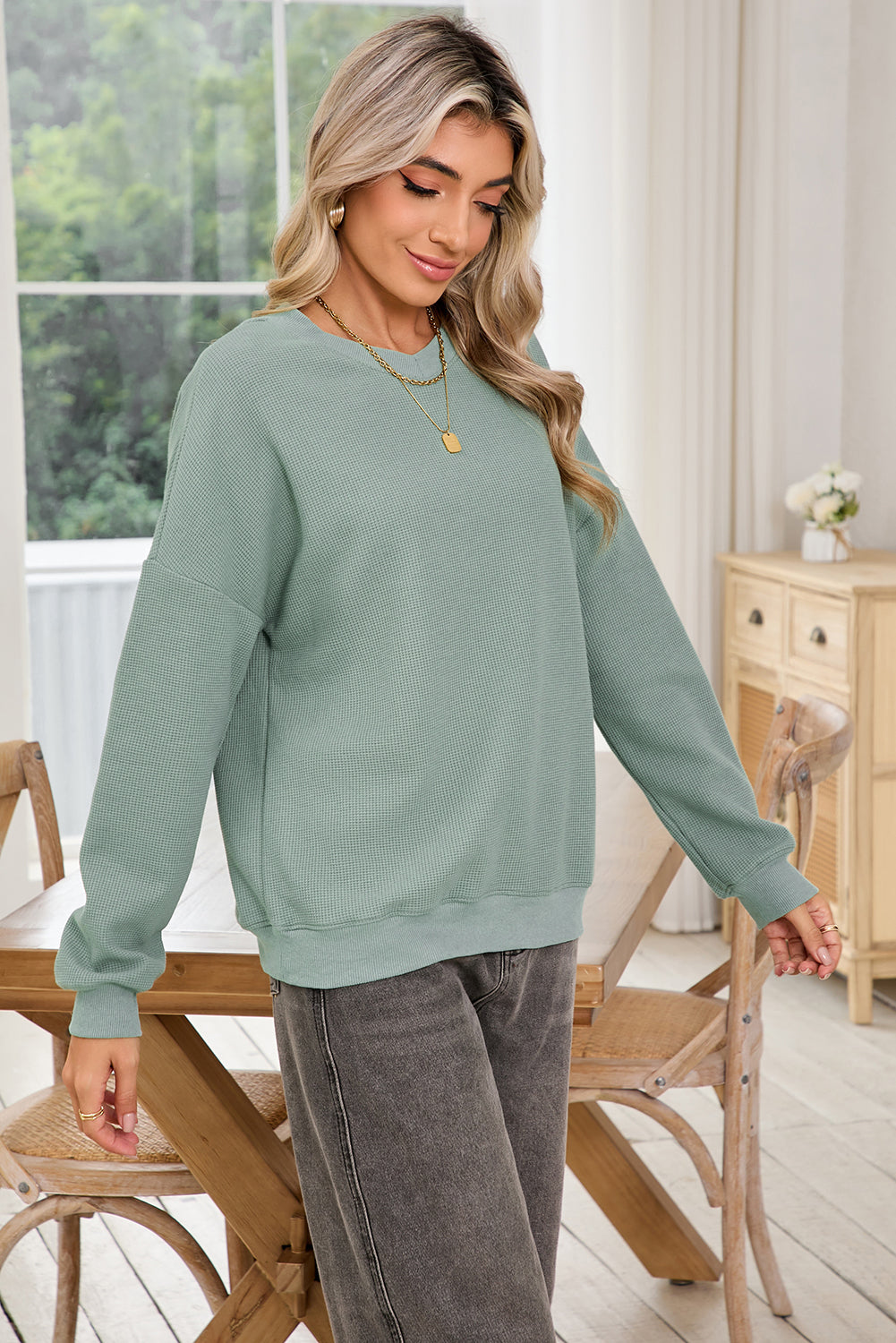 Clearly Aqua Waffle Knit Drop Shoulder V Neck Top - The Fair Lady Shop